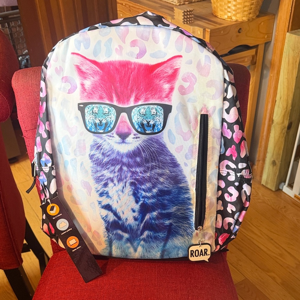 Pearhead Pink and Blue Cat Backpack with Sunglasses Graphic